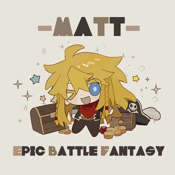 Rule 34 | 1boy, ;d, anonymous1203, black jacket, black pants, blonde hair, braid, brown jacket, character name, chibi, chibi only, chinese commentary, coin, commentary request, copyright name, epic battle fantasy, gem, hat, highres, jacket, long hair, male focus, matt (epic battle fantasy), neckerchief, no headwear, one eye closed, open mouth, pants, pirate, pirate hat, red neckerchief, simple background, smile, sparkle, star (symbol), treasure chest, twin braids