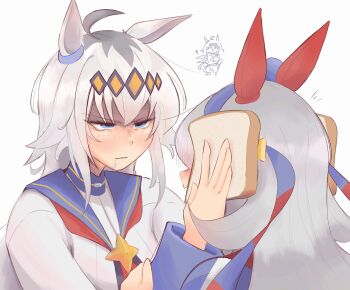 2girls animal_ears blue_hairband blue_jacket blue_sailor_collar blush bread bread_bun bread_slice brooch drooling ear_covers ear_ornament food grey_hair hair_between_eyes hair_ornament hairband hands_on_another's_cheeks hands_on_another's_face headband highres holding holding_food horse_ears horse_girl jacket jewelry long_hair long_sleeves looking_at_viewer melonenturm multicolored_hair multicolored_hairband multiple_girls neckerchief oguri_cap_(starlight_beat)_(umamusume) oguri_cap_(umamusume) parted_lips red_headband red_neckerchief sailor_collar saliva shirt star_brooch striped_clothes striped_hairband tamamo_cross_(fast_as_lightning)_(umamusume) tamamo_cross_(umamusume) two-tone_hairband umamusume very_long_hair white_jacket white_shirt