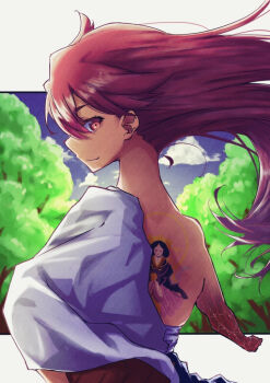 Rule 34 | 1girl, arm tattoo, back tattoo, chest sarashi, from behind, from side, guanyin, letterboxed, long hair, ninkyou tensei, outside border, pink hair, red eyes, sanaria ryuu lundberg, sarashi, sideways glance, single bare shoulder, single off shoulder, smile, solo, tattoo, tree, tro illust0821