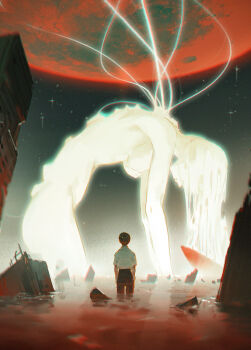 1boy 1girl angel_(evangelion) arched_back ayanami_rei black_hair black_pants bloom breasts building colored_skin debris dino_(dinoartforame) giant giantess highres ikari_shinji lcl lilith_(ayanami_rei) lilith_(evangelion) long_hair looking_at_another medium_breasts moon neon_genesis_evangelion night night_sky nipples pants red_moon red_ocean reflection ruins school_uniform shirt sky spine standing star_(sky) starry_sky wading white_hair white_shirt white_skin wreckage