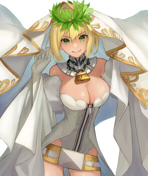 bare_shoulders blonde_hair breasts bridal_veil bride detached_collar dress elbow_gloves fate/grand_order fate_(series) genshu_doki gloves green_eyes highres large_breasts lock looking_at_viewer nero_claudius_(bride)_(fate) nero_claudius_(bride)_(third_ascension)_(fate) nero_claudius_(fate) padlock padlocked_collar shiny_skin tagme veil wedding_dress