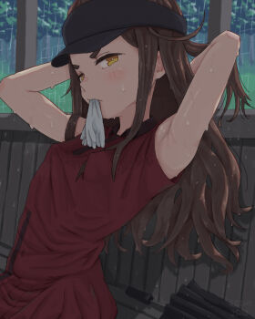 1girl absurdres armpit_focus armpits arms_behind_head arms_up artist_name blush blush_stickers breasts brown_hair commentary dated dated_commentary flat_chest frown gloves highres jordan_reine long_hair mouth_hold outdoors rain red_shirt shirt small_breasts solo sorairo_utility taking_shelter unworn_gloves upper_body v-shaped_eyebrows visor_cap watermark wet white_gloves yellow_eyes yoarashi_hina