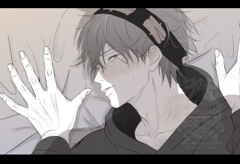 Rule 34 | 2boys, black border, blush, border, commentary request, daut barret, greyscale, headband, highres, hood, hood down, hoodie, knata09660180, lance crown, letterboxed, looking at viewer, lying, male focus, mashle, monochrome, multiple boys, on back, on bed, open mouth, pov, short hair, solo focus, watermark