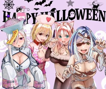 4girls :o amagami-san_chi_no_enmusubi animal_ears bat_(animal) black_pantyhose blonde_hair blue_eyes blue_hair brown_eyes cat cat_ears character_request chinese_clothes claw_pose eyepatch fang halloween halloween_costume happy_halloween hat highres jack-o&#039;-lantern long_hair looking_at_viewer multiple_girls mummy_costume navel nobi_takami nurse_cap open_mouth pantyhose pink_background pink_hair short_hair silk spider_web standing teeth upper_body upper_teeth_only white_hair
