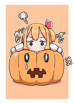 1girl @_@ blonde_hair border bow commentary_request eating flying_sweatdrops hair_bow highres jack-o'-lantern long_sleeves one_side_up orange_background pumpkin roco_(katsuya1011) rumia saliva solo squiggle teardrop touhou translation_request white_border