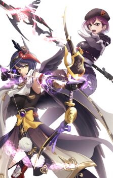 2girls arrow_(projectile) beret bird_mask black_bodysuit black_gloves black_hair black_wings bodysuit bow_(weapon) breast_curtain breasts commission crossover detached_sleeves earrings electricity genshin_impact geta gloves hat heaven_burns_red highres holding holding_bow_(weapon) holding_weapon jacket japanese_clothes jewelry kepekki_kanojo kujou_sara large_breasts looking_at_viewer mask mask_on_head multiple_girls open_mouth pixiv_commission purple_hair red_eyes red_mask sash short_hair simple_background sword tengu tengu-geta tezuka_saki vision_(genshin_impact) weapon white_background white_gloves wings yellow_eyes