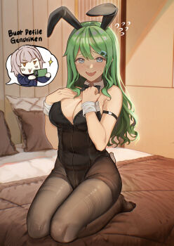 1girl 1other animal_ear_hairband animal_ears bedroom black_bow black_bowtie black_leotard black_pantyhose blue_eyes bow bowtie breasts cleavage commentary commentary_request detached_collar embarrassed english_commentary fake_animal_ears flying_sweatdrops green_hair hair_ornament hairband hairclip hands_on_own_chest highres indonesian_text indoors large_breasts leotard long_hair mixed-language_commentary on_bed original pantyhose playboy_bunny rabbit_ears rabbit_tail sachimint seiza sitting strapless strapless_leotard tail wrist_cuffs