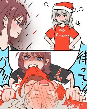 2girls 401gone biting_another's_clothes black_shirt blue_eyes blush christmas closed_mouth commentary_request full-face_blush girls_band_cry grey_hair hat highres iseri_nina kawaragi_momoka long_hair multiple_girls red_hair red_hat red_shirt santa_hat sharp_teeth shirt teeth yuri