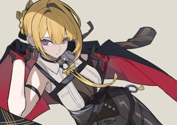 1girl adjusting_clothes arm_strap arm_up bare_shoulders black_choker black_coat black_pants blonde_hair breasts chest_harness choker coat coat_on_shoulders commentary_request cowboy_shot earrings elbow_gloves evelyn_chevalier gloves grey_background half_gloves harness high-waist_pants jewelry large_breasts latex_pants necktie oramustat pants pendant_choker purple_eyes see-through_clothes shirt single_elbow_glove single_half_glove sleeveless sleeveless_shirt solo tight_clothes tight_pants white_shirt yellow_necktie zenless_zone_zero