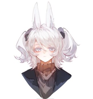 1girl animal_ears blue_eyes chinese_commentary closed_mouth commentary_request eyelashes fake_animal_ears faust_(project_moon) grey_sweater hair_between_eyes highres limbus_company looking_at_viewer medium_hair project_moon rabbit_ears solo straight-on sweater turtleneck turtleneck_sweater two_side_up upper_body white_hair yuemiao