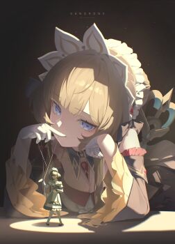 1girl absurdres black_sleeves blue_eyes breasts brown_hair character_name cleavage detached_sleeves genshin_impact gloves highres joykoygo katheryne_(genshin_impact) light_particles looking_at_viewer lying medium_breasts on_stomach puppet_strings sandrone_(genshin_impact) short_hair_with_long_locks solo spotlight white_gloves white_headdress