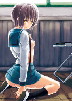 1girl ass azuma_sawayoshi breasts clothes_lift comiket_80 commentary_request cum grey_hair highres kita_high_school_uniform looking_at_viewer looking_back nagato_yuki nipples no_panties school_uniform serafuku shirt_lift short_hair sitting skirt small_breasts solo suzumiya_haruhi_no_yuuutsu tearing_up yellow_eyes