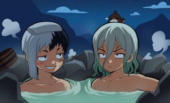 2boys anger_vein animal animal_on_head asagiri_gen bathing bird bird_on_head black_eyes black_hair blush_stickers bucket closed_mouth collarbone dr._stone facial_mark green_hair grin hair_between_eyes highres ishigami_senkuu livberie male_focus multicolored_hair multiple_boys night nude on_head onsen outdoors partially_submerged red_eyes rock shared_bathing short_hair sky smile steam towel towel_on_head two-tone_hair water white_hair