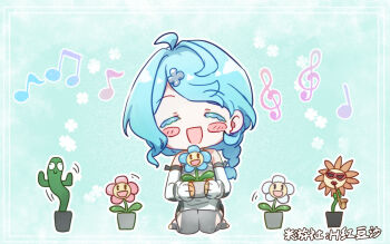 00000hds 1girl ahoge bare_shoulders blue_background blue_flower blue_hair blush cactus chibi chibi_only closed_eyes clothing_cutout colored_eyelashes commentary_request dancing detached_sleeves floral_print flower flower_hairpin flower_pot full_body gloves hair_ornament hairpin highres holding holding_flower holding_flower_pot instrument long_hair motion_lines musical_note open_mouth pink_flower plant ponytail potted_plant saxophone seed_(zenless_zone_zero) sitting solo stirrup_legwear sunglasses thigh_cutout toeless_legwear white_flower white_gloves zenless_zone_zero