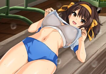 1girl :d breasts brown_eyes brown_hair clothes_lift commentary_request covered_erect_nipples grey_sports_bra gym_uniform hair_ribbon hairband haruhisky highres large_breasts lifting_own_clothes looking_at_viewer medium_hair open_mouth ribbon shirt shirt_lift short_sleeves smile solo sports_bra suzumiya_haruhi suzumiya_haruhi_no_yuuutsu tongue variant_set white_shirt yellow_hairband yellow_ribbon