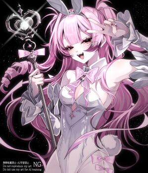 Rule 34 | 1girl, 402 (o0 xxx), animal ears, black eyes, bow, bowtie, breasts, bridal gauntlets, center-flap bangs, commentary request, detached collar, detached sleeves, double-parted bangs, fake animal ears, fangs, frilled sleeves, frills, hair intakes, heart wand, high ponytail, highres, holding, holding wand, long hair, looking at viewer, magical girl, medium breasts, narrowed eyes, open mouth, original, pantyhose, pink bow, pink bowtie, pink hair, playboy bunny, ponytail, rabbit ears, rabbit tail, ringlets, solo, sparkle, tail, two side up, upper body, v, v over eye, very long hair, wand, watermark, white pantyhose