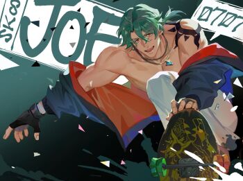 1boy black_gloves broad_shoulders character_name commentary_request copyright_name fingerless_gloves fingernails gloves grey_hair hair_between_eyes jacket jewelry joe_(sk8) looking_at_viewer male_focus ncww_rinichi necklace outstretched_arm pants pectorals red_eyes sk8_the_infinity speech_bubble sun_symbol sun_tattoo tan tattoo white_pants