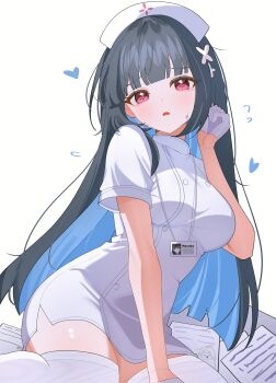 1girl absurdres alternate_costume arm_support black_hair blue_hair blunt_bangs breasts colored_inner_hair commentary extra_pupils flying_sweatdrops gloves hair_ornament half_gloves hat head_tilt highres large_breasts looking_at_viewer multicolored_hair nazuka_(stella_sora) nurse nurse_cap open_mouth paperwork red_eyes shusuchii simple_background solo stella_sora sweatdrop thighhighs two-tone_hair white_background white_gloves white_thighhighs x_hair_ornament zettai_ryouiki