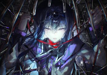 1girl akemi_homura akemi_homura_(magical_girl) black_capelet black_hair black_hairband blue_hair bow bowtie bright_pupils cage capelet chinese_commentary cityscape colored_inner_hair commentary_request crack cracked_glass crying crying_with_eyes_open dress frown hair_between_eyes hairband half-closed_eyes highres holding holding_ribbon in_cage layered_sleeves lips long_hair long_sleeves magical_girl mahou_shoujo_madoka_magica mahou_shoujo_madoka_magica_(anime) multicolored_hair neck_ribbon niangao89305 night open_mouth outdoors pink_lips purple_bow purple_bowtie purple_capelet purple_eyes red_pupils red_ribbon ribbon sad sample_watermark sidelocks sky solo straight-on teardrop tears two-tone_capelet upper_body very_long_hair watermark white_dress