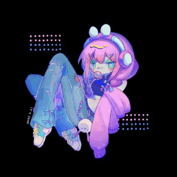 Rule 34 | 1girl, alternate hairstyle, animal ear headphones, animal ears, artist name, aubrey (birthday) (omori), aubrey (faraway) (omori), aubrey (omori), black background, blowing bubble gum, blue eyes, blue shoes, blush, braid, breasts, bright pupils, character charm, charm (object), chewing gum, commentary, crop top, dated, denim, double-parted bangs, fake animal ears, forest bunny? (omori), full body, hair between eyes, hashtag-only commentary, headphones, highres, jeans, long hair, looking at viewer, low twin braids, navel, o51515o, official alternate costume, omori, pants, pink hair, rabbit ear headphones, rabbit ears, shoes, sidelocks, simple background, small breasts, sneakers, solo, torn clothes, torn jeans, torn pants, twin braids, white pupils