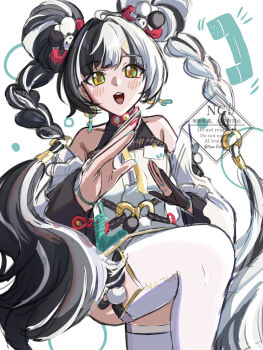 1girl ahoge ama_rinngoo aqua_nails bare_shoulders black_hair blush braid braided_twintails china_dress chinese_clothes collarbone commentary_request dialyn_(zenless_zone_zero) dress earrings hair_extensions hair_intakes hair_ornament hairclip highres id_card jewelry leg_up long_hair multicolored_hair multicolored_nails necktie open_mouth panda_hair_ornament phone red_nails ring_hair_extensions simple_background solo split-color_hair thighhighs white_background white_dress white_hair white_thighhighs wire yellow_eyes yellow_necktie zenless_zone_zero