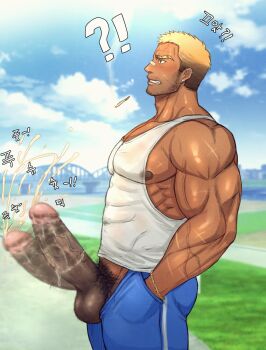 !? 1boy adam&#039;s_apple bandaid bandaid_on_face bandaid_on_nose bara beard_stubble biceps blonde_hair blue_pants blurry blurry_background bracelet brown_eyes cigarette coco342 covered_abs cum dark_penis ear_piercing earrings ejaculation erection eyebrow_cut facial_hair foreskin foreskin_pull gradient_hair hand_in_pocket handsfree_ejaculation highres huge_penis jewelry korean_text large_pectorals large_variant_set male_focus male_pubic_hair multicolored_hair muscular muscular_male mustache_stubble nipples original outdoors pants pectorals penis penis_out piercing pubic_hair scar scar_on_arm scar_on_face short_hair sidepec solo stubble tank_top testicles track_pants translation_request variant_set veins white_tank_top