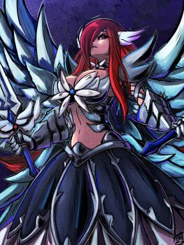 1girl breasts cleavage crossover erza_scarlet fairy_tail hair_over_one_eye langrisser large_breasts long_hair navel official_art red_hair revealing_armor solo