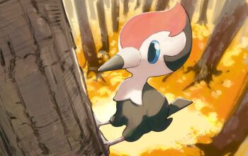 animal_focus beak bird blue_eyes day gen_7_pokemon nintendo no_humans outdoors pikipek pokemon pokemon_(creature) pokemon_focus sakuraiisui tree wings woodpecker