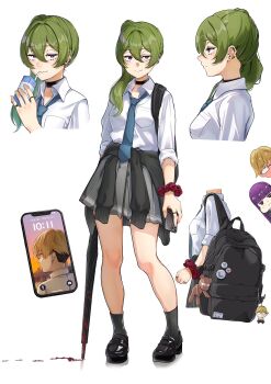 1boy 2girls alternate_costume bag bag_charm black_choker black_footwear black_socks black_sweater blonde_hair blood blue_necktie cellphone charm_(object) choker clothes_around_waist collared_shirt commentary_request contemporary drinking drinking_straw ear_piercing earrings fern_(sousou_no_frieren) glasses green_hair grey_skirt hair_between_eyes highres holding holding_phone holding_umbrella jewelry juice_carton land_(sousou_no_frieren) long_hair multiple_girls multiple_rings multiple_views necktie opaque_glasses phone piercing pleated_skirt pout puffy_cheeks purple_eyes purple_hair ring school_bag school_uniform screen scrunchie shirt shirt_tucked_in short_hair side_ponytail skirt smartphone smile socks sousou_no_frieren sweater sweater_around_waist ubel_(sousou_no_frieren) umbrella white_shirt wrist_scrunchie yami_anko