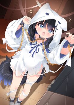 Rule 34 | 1girl, absurdres, animal ear hood, ankle ribbon, black hair, blue eyes, blue hair, bound, bound ankles, bound wrists, cat girl, cat tail, chain, collar, cuffs, door, doorway, dress, fake animal ears, fangs, ghost costume, gradient hair, groin, halloween, halloween costume, highres, hood, hood up, hooded dress, jack-o'-lantern, leg ribbon, long sleeves, looking at viewer, metal collar, mochifuyu shiro, multicolored hair, open mouth, original, panties, pov doorway, ribbon, ribbon around foot, shackles, short dress, socks, tail, torn clothes, torn dress, underwear, white dress, white panties, white ribbon, white socks, wide sleeves