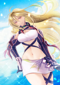 1girl blonde_hair breasts hanasakuraya long_hair milla_maxwell namco navel red_eyes revealing_clothes solo tales_of_(series) tales_of_xillia