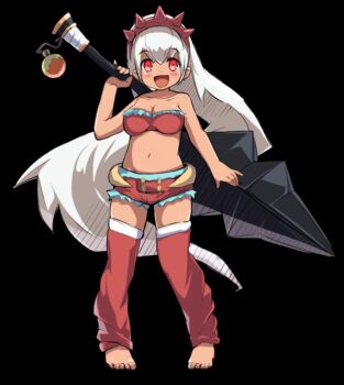 1girl :d bandeau barefoot black_background blush breasts cleavage collarbone dark-skinned_female dark_skin full_body hair_between_eyes hand_up highres holding holding_sword holding_weapon huge_weapon large_breasts leg_warmers long_hair merc_storia merc_storia_art_team micro_shorts nasca_(merc_storia) navel official_art open_mouth red_bandeau red_shorts shorts sidelocks simple_background smile solo standing sword tachi-e thighs very_long_hair weapon white_hair