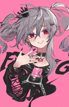 1girl :d appleseed_(appleseed_art) black_crown black_nails black_shirt black_shrug commentary_request crown double-parted_bangs earrings floating_hair grey_hair grin hair_between_eyes hand_up highres hololive hololive_dev_is hoop_earrings isaki_riona isaki_riona_(flowglow_uniform) jewelry long_hair looking_at_viewer mini_crown necklace official_alternate_costume open_mouth partial_commentary pink_background pink_nails purple_eyes ring shirt shrug_(clothing) simple_background single_sidelock smile solo straight-on tilted_headwear twintails virtual_youtuber