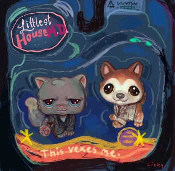 animal animalization brown_fur cat cickyart clothed_animal commentary dog english_commentary english_text gregory_house grey_cat grey_fur highres house_m.d. husky james_wilson littlest_pet_shop logo_parody no_humans object_focus objectification painterly parody persian_cat realistic toy toy_packaging what