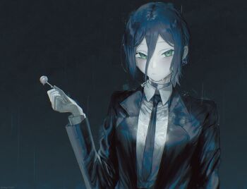 1girl black_jacket black_necktie black_suit chainsaw_man choker collared_shirt commentary_request formal_clothes green_eyes grenade_pin hair_between_eyes hair_bun highres jacket long_hair_between_eyes necktie niho12261 outdoors rain reze_(chainsaw_man) shirt single_hair_bun suit suit_jacket water_drop wet wet_clothes wet_hair wet_shirt white_shirt