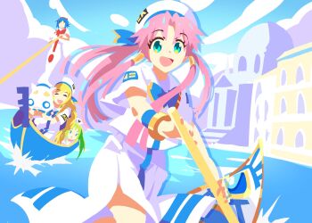 4girls :3 :o ^_^ aika_granzchesta alice_carroll alicia_florence aria_(manga) aria_company_uniform aria_pokoteng beret blonde_hair blue_bow blue_bowtie blue_eyes blue_hair bow bowtie building cat closed_eyes cloud cloudy_sky commentary day dress english_commentary floating_hair gondola green_hair hair_tubes hat highres himeya_company_uniform holding holding_oar long_dress long_hair looking_at_viewer majormilk mizunashi_akari multiple_girls neo-venezia oar open_mouth orange_planet_uniform outdoors parted_lips pink_hair short_sleeves side_slit sky smile triangle_mouth very_long_hair water white_cat white_dress white_hat yellow_eyes