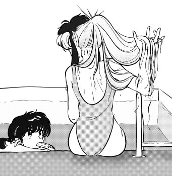 2girls back back_focus braid braided_ponytail commentary greyscale hand_in_own_hair herb_(ranma_1/2) highres long_hair looking_at_another luuxiriver monochrome multiple_girls one-piece_swimsuit pointy_ears pool poolside ranma-chan ranma_1/2 swimsuit symbol-only_commentary