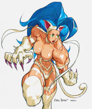 1girl abs ahoge animal_ears animal_hands big_hair blue_hair body_fur breasts broad_shoulders cat_ears cat_girl cat_paws cat_tail claws darkstalkers felicia_(darkstalkers) green_eyes highres huge_ahoge large_breasts leg_up muscular muscular_female solo standing standing_on_one_leg tail viewtiful_joe white_fur zero_setsu