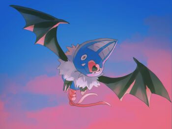animal_focus bat_(animal) bat_wings closed_mouth commentary_request fangs flying full_body fusenryo gen_5_pokemon nintendo no_humans pokemon pokemon_(creature) pokemon_focus sky solo swoobat tail wings
