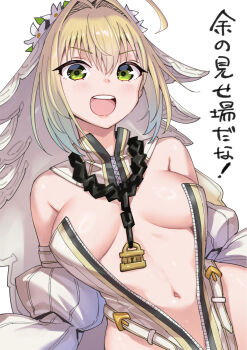 1girl blonde_hair breasts breasts_apart bridal_veil detached_sleeves fate/grand_order fate_(series) full-length_zipper green_eyes hair_intakes head_wreath highres large_breasts lock looking_at_viewer nero_claudius_(bride)_(fate) nero_claudius_(bride)_(second_ascension)_(fate) nero_claudius_(fate) ono_misao padlock solo veil zipper