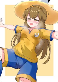 1girl ball blush food inazuma_eleven_(series) inazuma_eleven_go inazuma_eleven_go_chrono_stone mochi nanobana_kinako otama_(otama_ladle23) soccer_ball soccer_uniform solo sportswear standing standing_on_one_leg