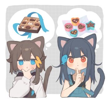 Rule 34 | 2girls, :o, animal ears, bare shoulders, black tank top, blue eyes, blue hair, blue overalls, blunt bangs, blush, border, box, box of chocolates, brown hair, cat ears, cat girl, cat tail, chocolate, closed mouth, commentary request, cropped torso, cupcake, double-parted bangs, drawstring, fish hair ornament, food, grey background, grid background, hair between eyes, hair ornament, hand on own chin, hand up, hood, hood down, hoodie, index finger raised, long hair, long sleeves, multiple girls, noamem, open mouth, original, outside border, overalls, red eyes, speech bubble, strap slip, stroking own chin, tail, tank top, thought bubble, valentine, white border, white hoodie