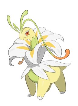 absurdres claws closed_mouth commentary_request fakemon full_body gen_2_pokemon highres lanjiujiu looking_at_viewer meganium nintendo no_humans orange_eyes pokemon pokemon_(creature) pokemon_focus simple_background smile solo standing white_background