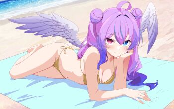 Rule 34 | 1girl, ahoge, angel wings, arm support, barefoot, beach, beach towel, bikini, blue eyes, blue hair, blush, breasts, closed mouth, commentary, day, feathered wings, full body, gold bikini, gradient hair, hair bun, head on hand, head rest, heterochromia, highres, indie virtual youtuber, long hair, looking at viewer, lying, mikivine, multicolored hair, navel, on side, orenji gallery, outdoors, purple hair, red eyes, sand, side-tie bikini bottom, small breasts, smile, solo, stomach, swimsuit, towel, wings