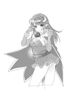 1girl alchemist_(ragnarok_online) ass blush breasts cape cleavage closed_mouth commentary_request cowboy_shot crescent crescent_hair_ornament dress elbow_gloves fingerless_gloves from_side fur_collar glasses gloves greyscale hair_ornament hands_up highres holding holding_removed_eyewear long_hair looking_at_viewer medium_breasts monochrome pointy_ears ragnarok_online shimako_(user_jsaa7243) short_dress simple_background smile solo strapless strapless_dress underbutt unworn_eyewear