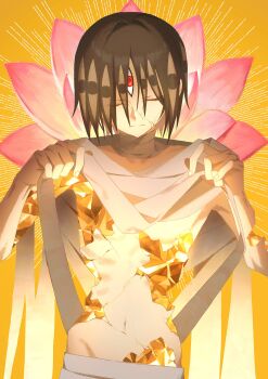 Rule 34 | 1boy, absurdres, asura (soul eater), bandages, black hair, closed eyes, commentary, cracked skin, expressionless, extra eyes, flower, gold, groin, highres, male focus, multicolored hair, navel, piyo main, red eyes, solo, soul eater, untranslatable commentary, upper body, yellow background