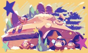 :d animal blush_stickers elfilin hat highres kirby kirby_(series) limited_palette military_vehicle motor_vehicle nintendo no_humans open_mouth purano7 purple_hat rock sailor_hat sitting smile snow star_(symbol) tank waddle_dee winter yellow_background