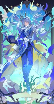 1boy arm_up bird black_boots black_gloves blue_coat blue_pants book boots brooch chinese_commentary coat commentary_request crossed_bangs earrings facing_viewer feathered_wings full_body gloves gold_earrings grey_hair hair_between_eyes halo halo_behind_head head_wings holding holding_book honkai:_star_rail honkai_(series) jewelry knee_boots looking_up male_focus medium_hair moehikaru multicolored_coat multiple_wings open_book pants parted_lips scarf solo spiked_halo standing sunday_(honkai:_star_rail) thigh_strap thorns three-quarter_sleeves two-sided_coat two-sided_fabric two-tone_coat white_bird white_coat white_scarf white_wings wings yellow_eyes