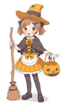 1girl :d apron bat_hair_ornament black_capelet black_pantyhose black_ribbon black_shoes black_wrist_cuffs bow bowtie broom brown_eyes brown_hair capelet child commentary dress dress_bow frilled_apron frilled_dress frills full_body hair_ornament hair_ribbon halloween_bucket halloween_costume hat hat_ribbon highres holding holding_broom looking_at_viewer mary_janes open_mouth orange_bow orange_bowtie orange_dress orange_hat original pantyhose parted_bangs possummachine ribbon shoes short_hair short_twintails simple_background smile solo standing twintails waist_apron white_apron white_background witch witch_hat wrist_cuffs