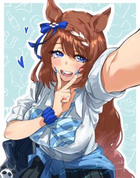 1girl alternate_costume animal_ears bag black_skirt blue_eyes blue_nails blush bow bowtie braid breasts brown_hair clothes_around_waist collared_shirt commentary_request gyaru hair_bow heart highres horse_ears kogal large_breasts long_hair looking_at_viewer natsunori open_mouth outline outstretched_arm reaching reaching_towards_viewer school_bag scrunchie selfie shirt signature single_braid skirt sleeves_rolled_up smile solo super_creek_(umamusume) teeth umamusume v v_over_mouth very_long_hair watermark white_shirt wrist_scrunchie
